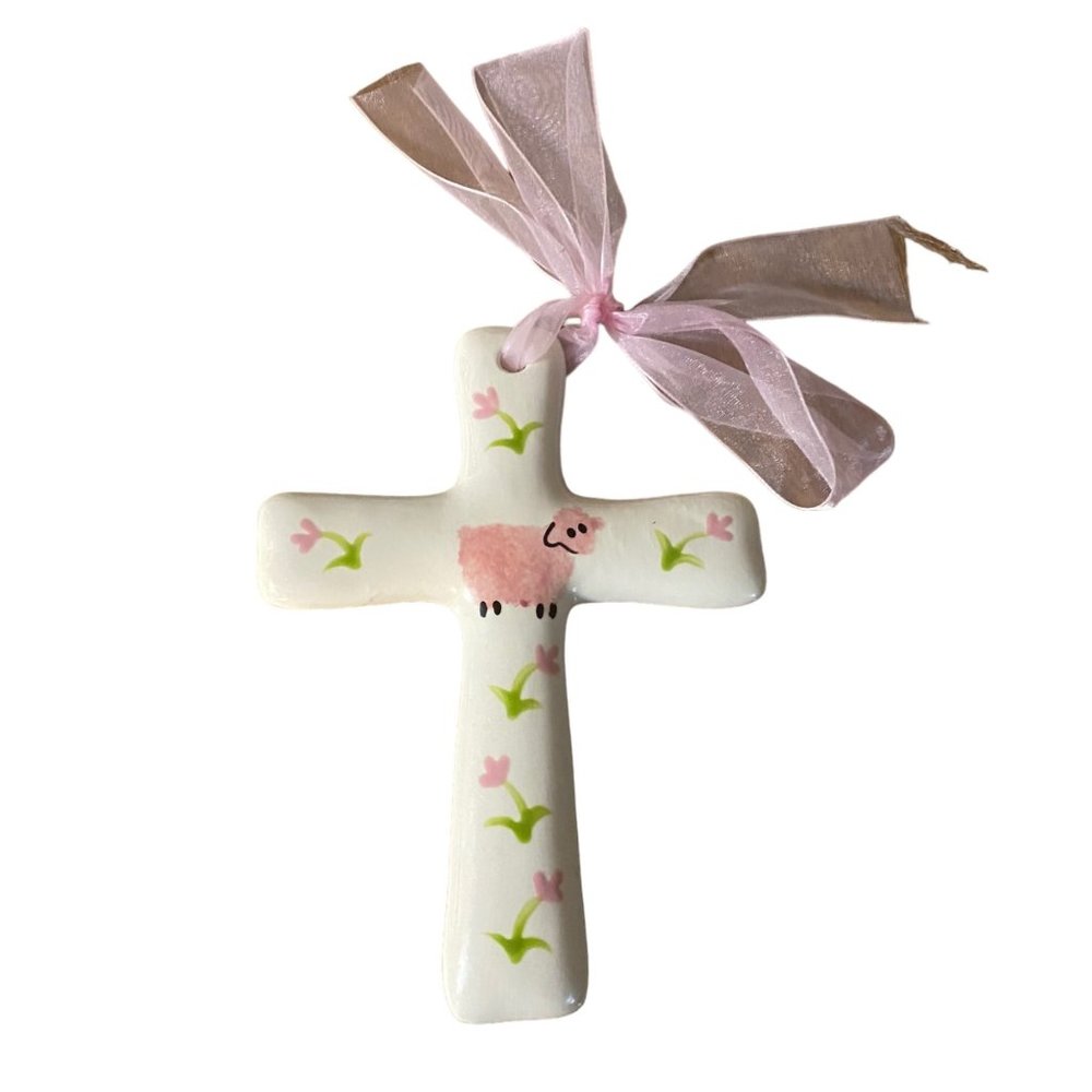 Easter Cross Art of the Spirit‎ Hand Painted Sheep Floral Wall Hanging Decor